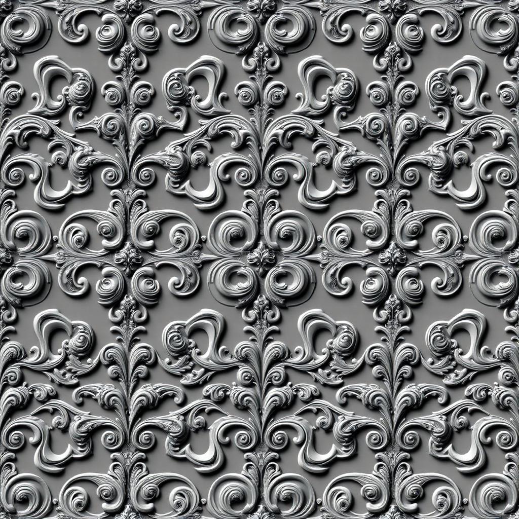 Seamless grayscale damask pattern with ornate scrolls and floral motifs.