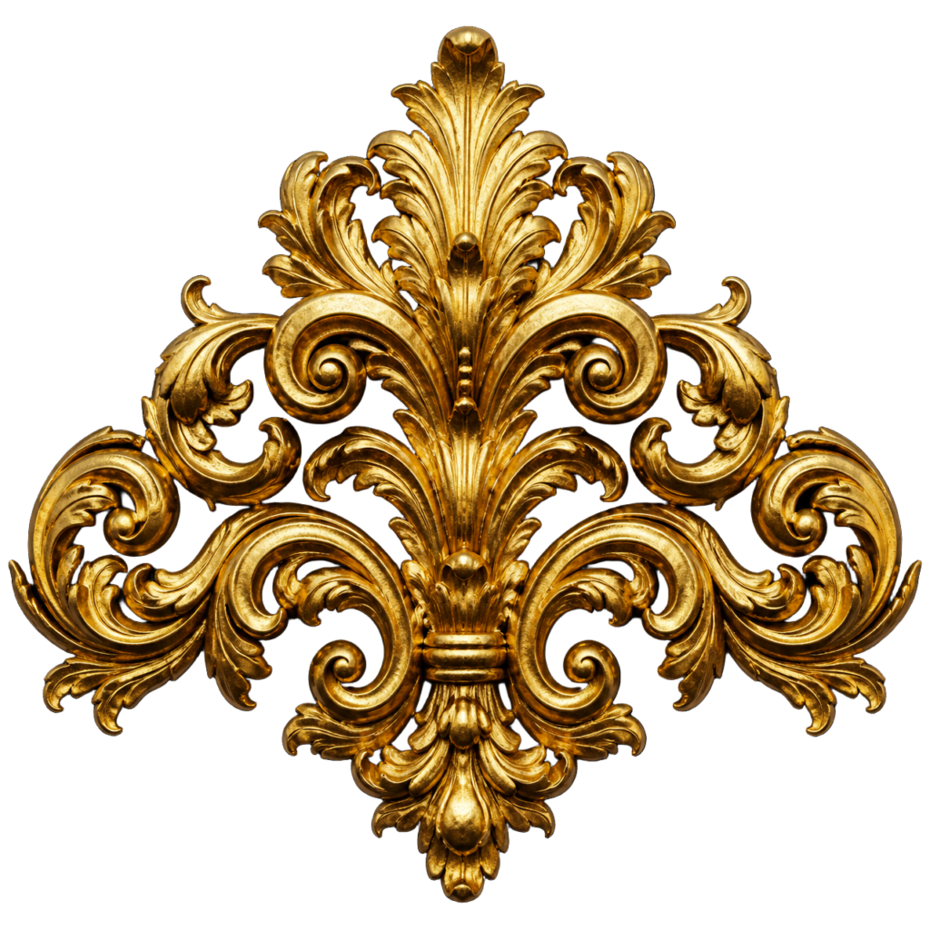 Intricately carved gold ornamental flourish with scrolling acanthus leaves on a black background, symmetrical and baroque in style.