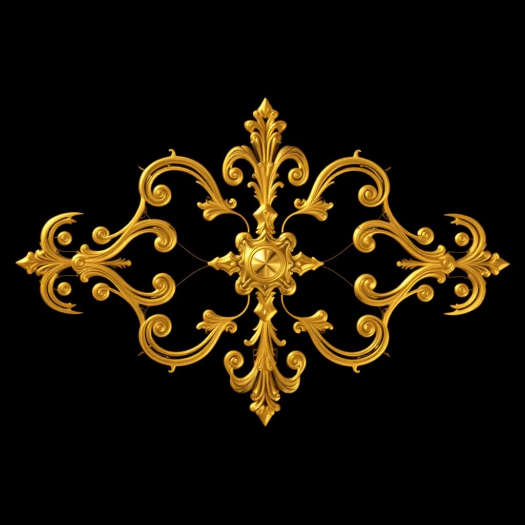 Intricate gold Baroque filigree ornament on a black background, symmetrical cross-like design.
