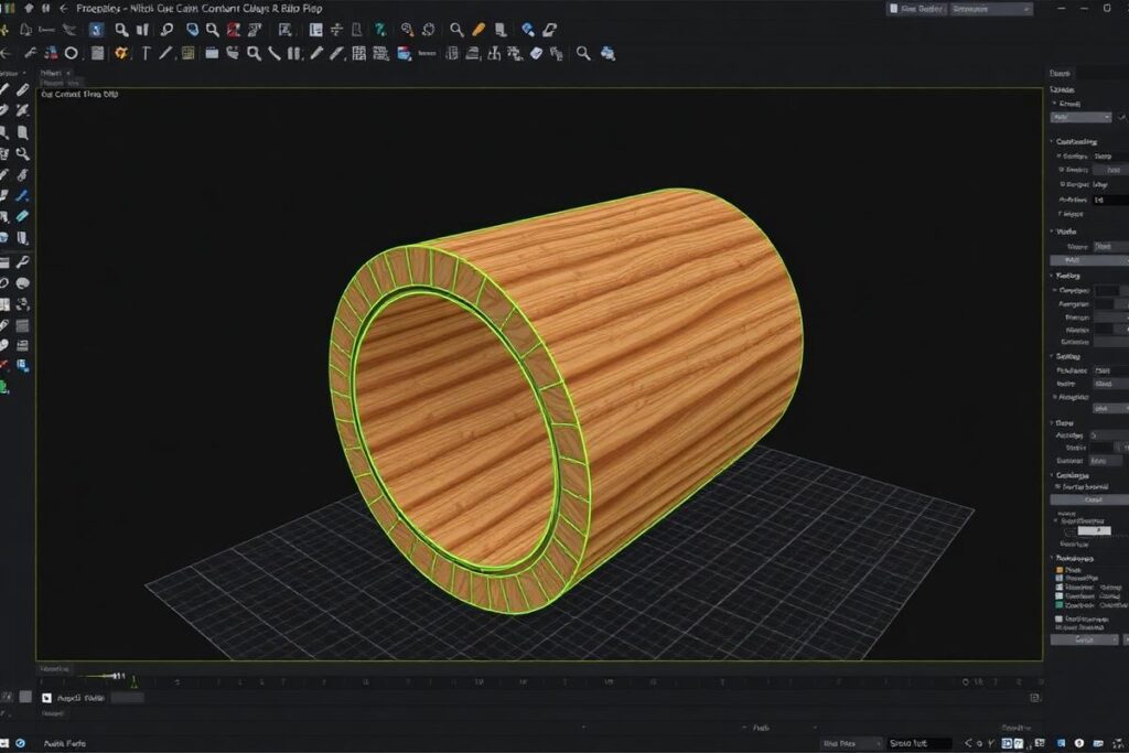 3D wooden cylinder with hollow center, bright green edge loops highlighted in a 3D modeling program.